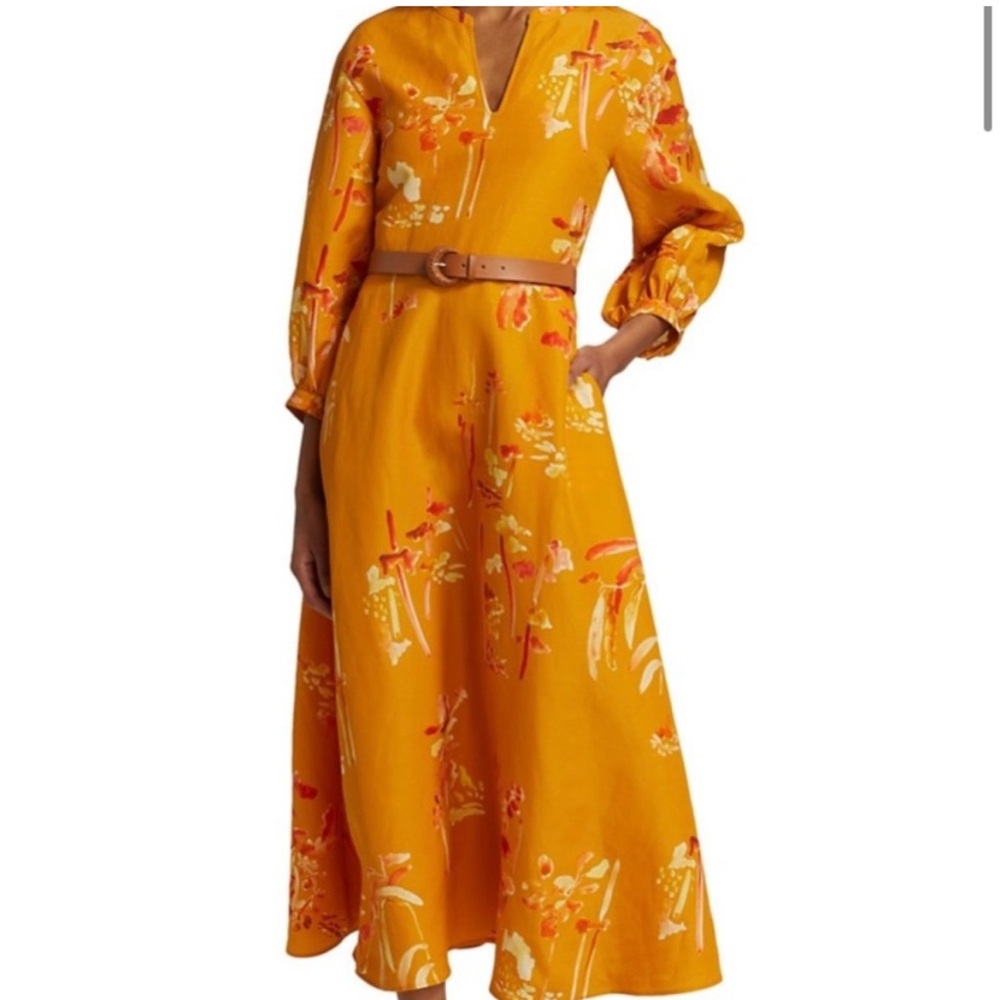 $898 Lafayette 148 New York Women's Orange Silk Floral V-Neck Dress US 6 NWT